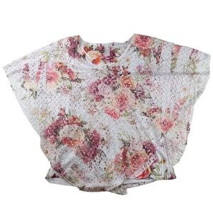 Womens Floral Lace Batwing Top Romantic Botanical Layered Blouse White Large